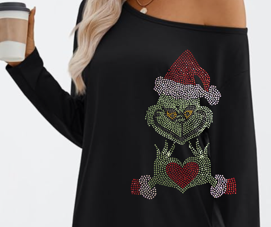 Christmas Grinch Blinged Rhinestone Off the shoulder long sleeve sleek